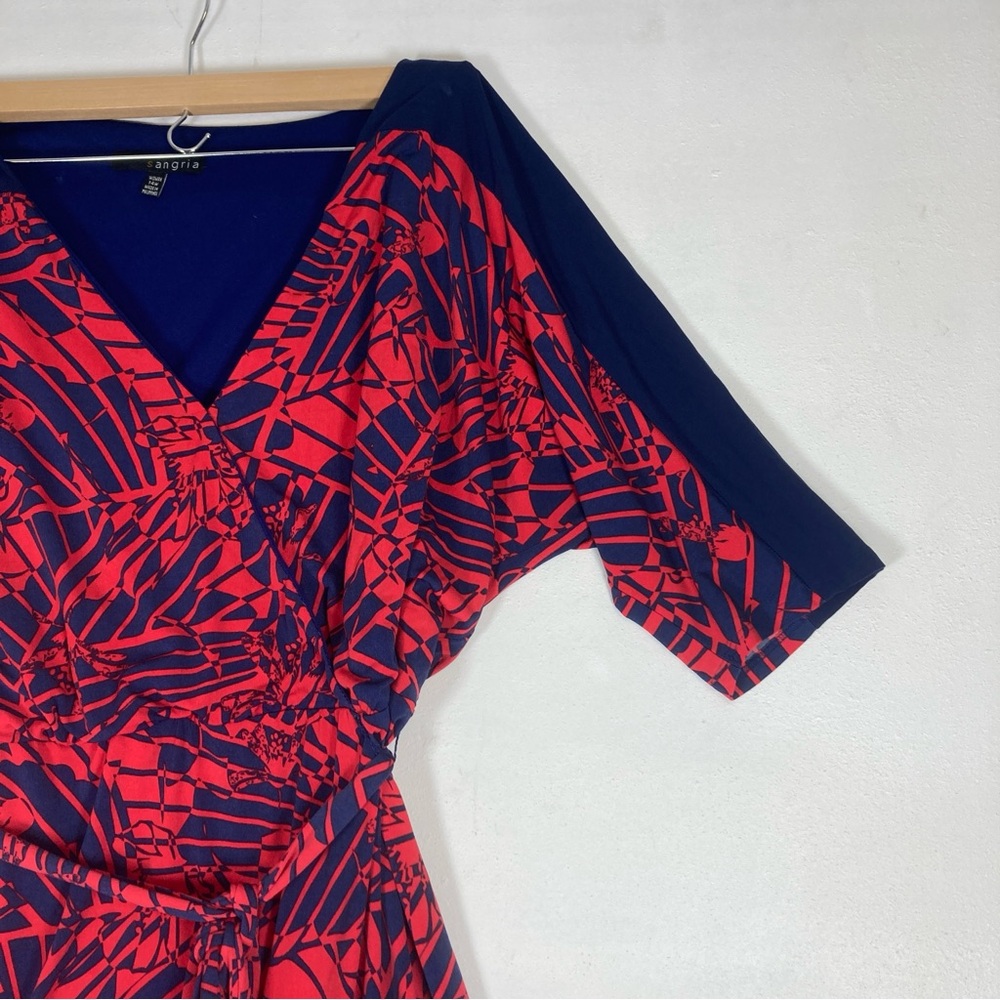 Sangria Red Navy Geometric Wrap  Dress V neck Size 14W Tie Dolman Sleeve - Picture 5 of 16